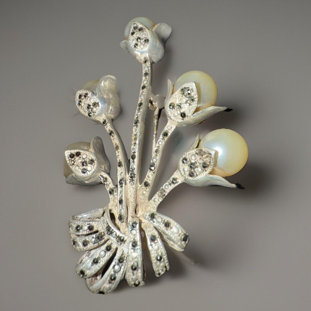 Sterling Silver 925 Marcasite Faux Pearls Vintage Brooch Estate 2.5” Length